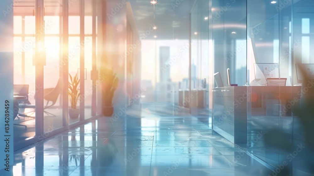 Beautiful blurred background of a light modern office interior with panoramic windows and beautiful lighting. Beautiful blurred background of a light modern office interior with panoramic windows and beautiful lighting.