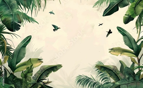 Tropical jungle wallpaper bird  Tropical leaves  tropical flowers wallpaper for digital printing. Exotic jungle wallpaper. AI generated illustration
