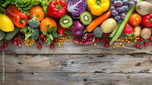 A hardwood table decorated with an assortment of fresh fruits and vegetables  capturing the beauty of local  whole foods in a stunning still life photography AIG50