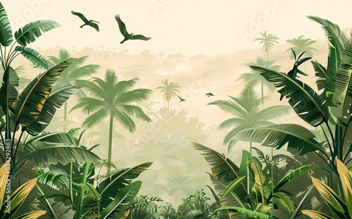 Tropical jungle wallpaper bird  Tropical leaves  tropical flowers wallpaper for digital printing. Exotic jungle wallpaper. AI generated illustration