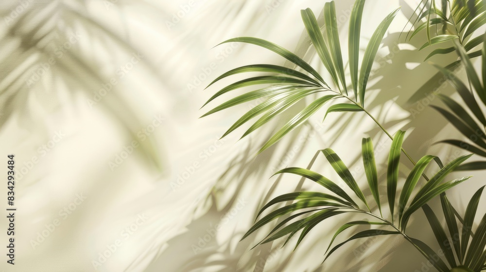 Blurred shadow from palm leaves on light cream wall. Minimalistic beautiful summer spring background for product presentation. Blurred shadow from palm leaves on light cream wall. Minimalistic beautiful summer spring background for product presentation.