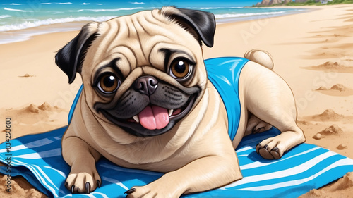 Illustration of cute happy smiling mops pug dog wearing a swimsuit and relaxing at the sunny sandy beach, seaside or ocean-shote view
