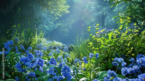 Artistic representation of nature in a garden with blue flowers photo