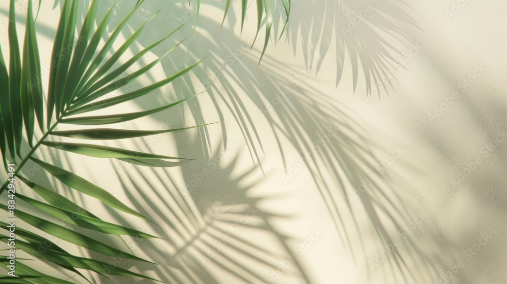 Obraz premium Blurred shadow from palm leaves on light cream wall. Minimalistic beautiful summer spring background for product presentation. 