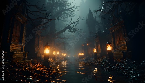 Foggy night in the ancient temple. Halloween concept. 3D Rendering