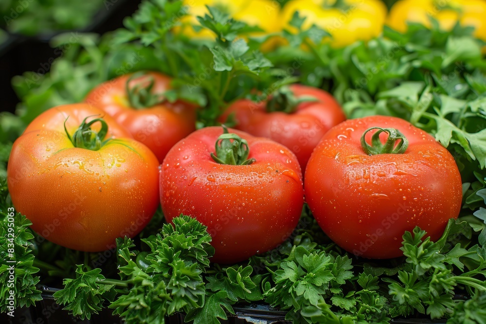 Ripe, red tomatoes on a bed of fresh green parsley. Plump, juicy, glossy fruits look vibrant and inviting. Farm-fresh produce with vibrant colors, representing natures bounty and a healthy harvest Ripe, red tomatoes on a bed of fresh green parsley. Plump, juicy, glossy fruits look vibrant and inviting. Farm-fresh produce with vibrant colors, representing natures bounty and a healthy harvest