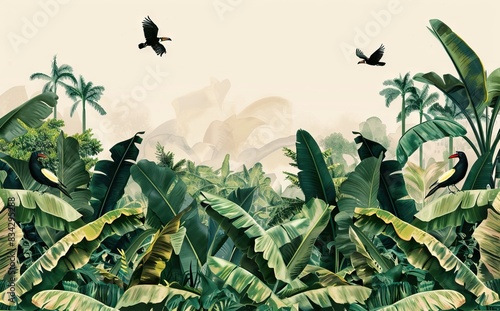 Tropical jungle wallpaper bird  Tropical leaves  tropical flowers wallpaper for digital printing. Exotic jungle wallpaper. AI generated illustration