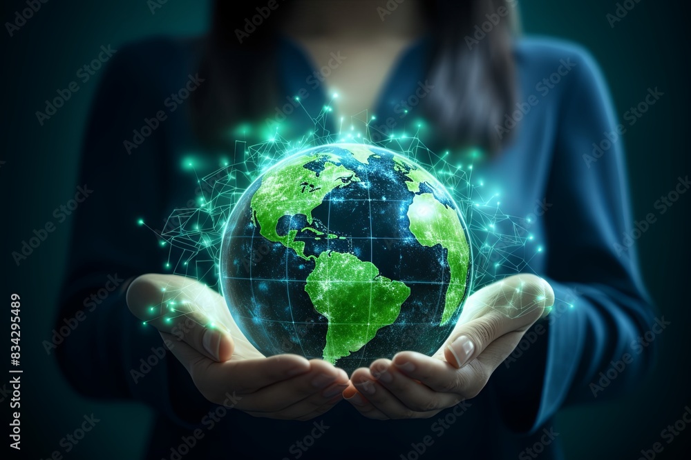 The concept of integrating AI technology for sustainability and greener Earth. Ecological, environment, conservation, futuristic, eco-conscious, global, advancement, green initiatives, smart solutions The concept of integrating AI technology for sustainability and greener Earth. Ecological, environment, conservation, futuristic, eco-conscious, global, advancement, green initiatives, smart solutions