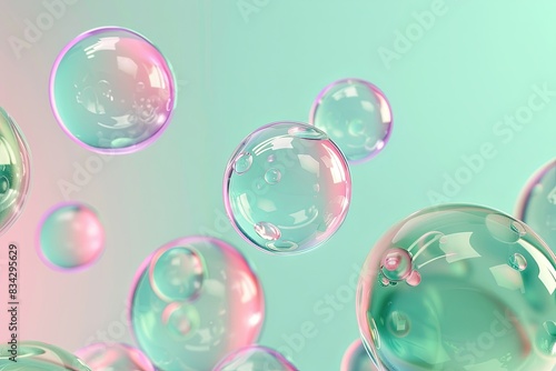 3D render of floating glass spheres or baubbles   pastel green mint color