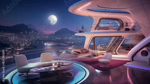 Night view of a cruise ship deck in full moon light. 3d rendering photo