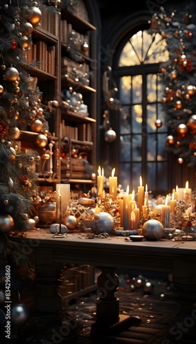 Decorated Christmas interior with candles and christmas tree. 3d render