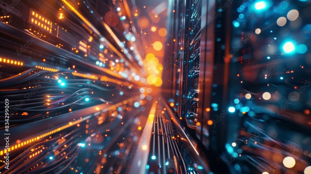 Naklejka premium A backdrop of a server room with network cables and lights, network, dynamic and dramatic compositions