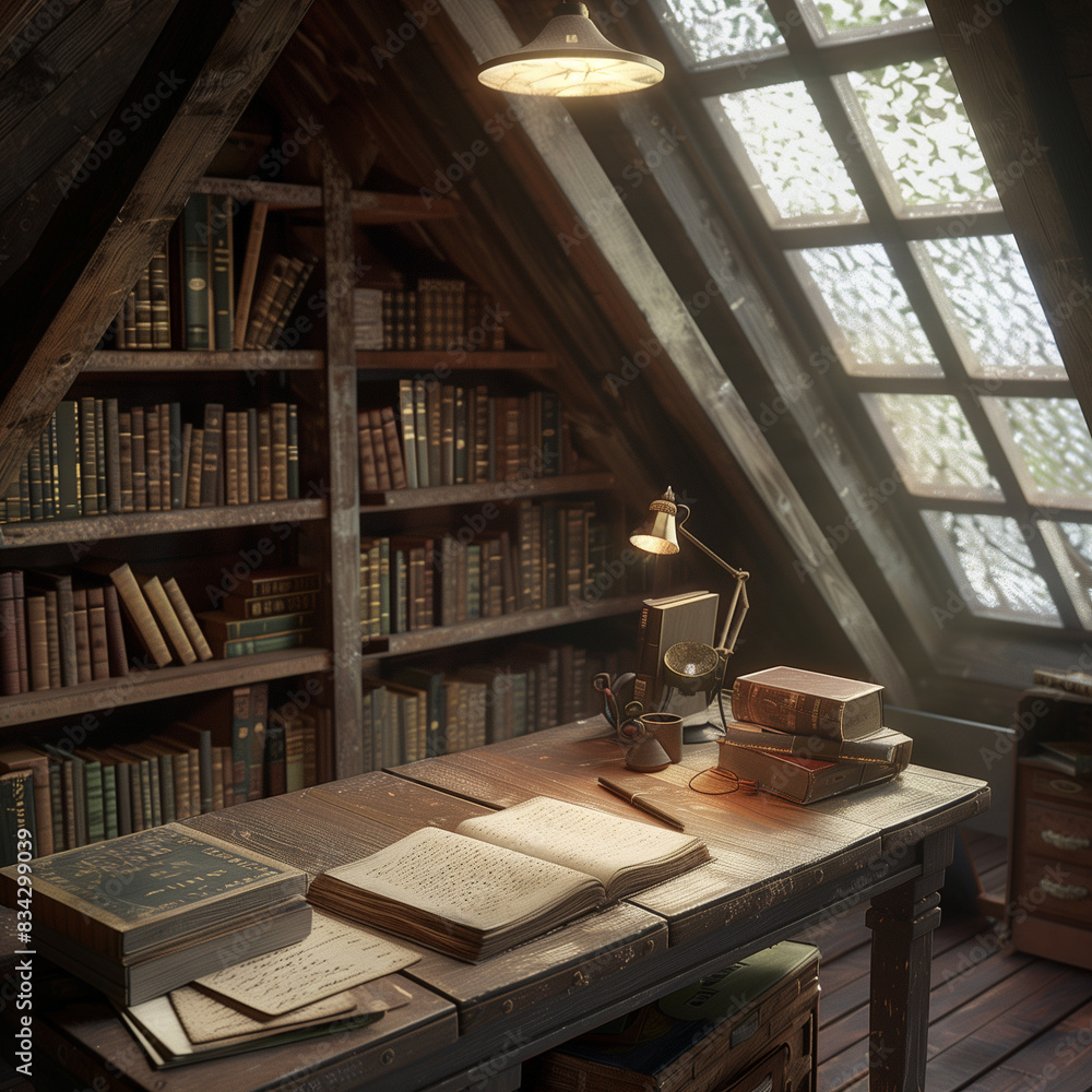 Fototapeta premium Attic Charm: Cozy Space with a Charming Writing Nook and Old Books