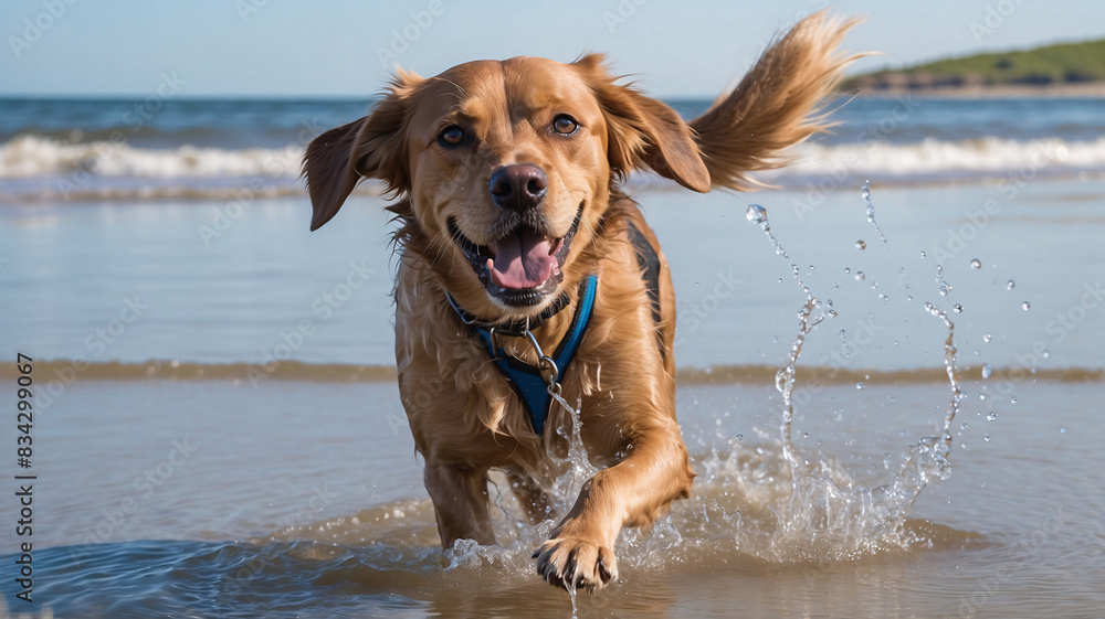 Cute happy playful dog playing at sunny beach, seaside or ocean-shore view Cute happy playful dog playing at sunny beach, seaside or ocean-shore view