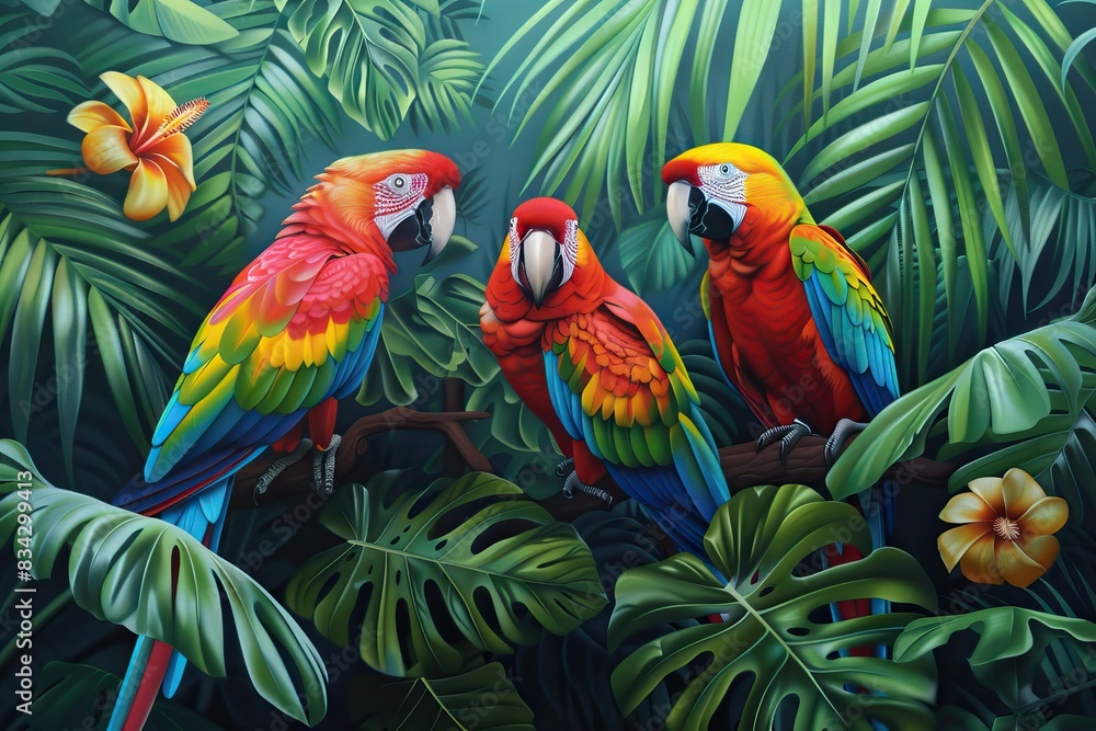 custom made wallpaper toronto digitalTropical forest , birds and flowers , wallpaper , mural wall. AI generated illustration