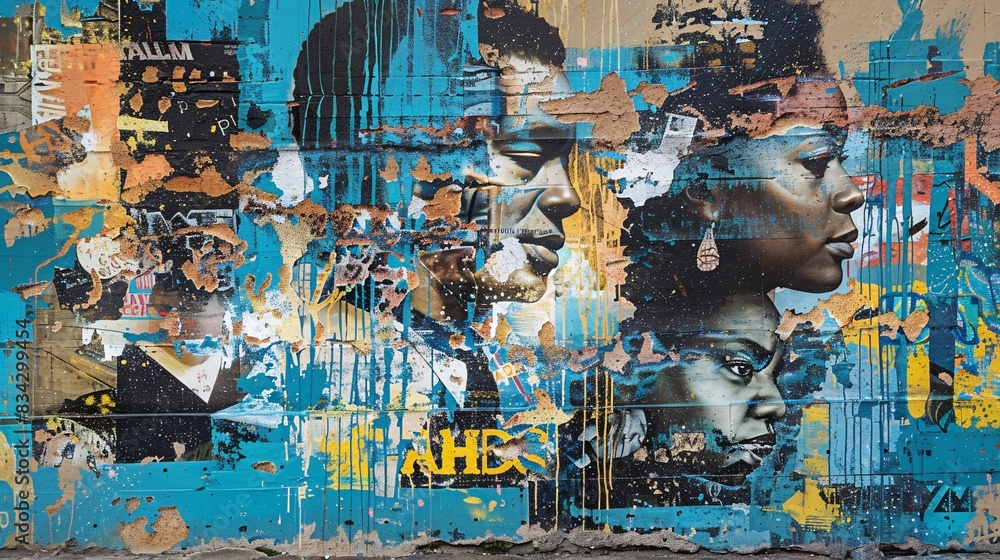 A colorful mural on a city wall, celebrating the heritage of Gelato Delight. The mural features distressed textures and eroded surfaces with founders' profiles and key moments in vibrant compositions A colorful mural on a city wall, celebrating the heritage of Gelato Delight. The mural features distressed textures and eroded surfaces with founders' profiles and key moments in vibrant compositions