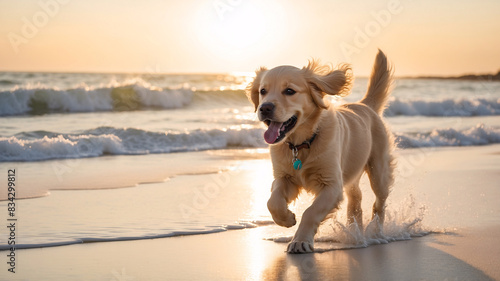 Cute happy Golden Retriever dog playing at sunny sandy beach, seaside or ocean-shore view with impressive sunlights