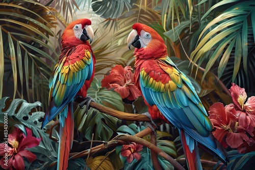 Tropical forest , birds and flowers , wallpaper , mural wall. AI generated illustration © moon