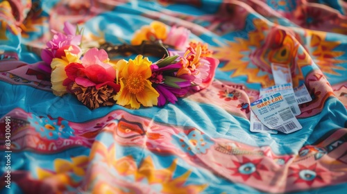 A vibrant display of colorful textiles and flowers in shades of orange  pink  and magenta on a sunny yellow background. This artful arrangement exudes a happy and joyful vibe  perfect for any event