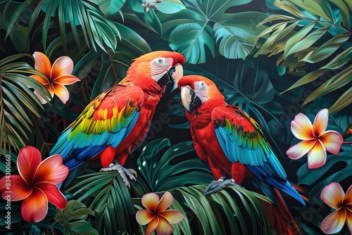 Tropical forest , birds and flowers , wallpaper , mural wall. AI generated illustration © mooncux