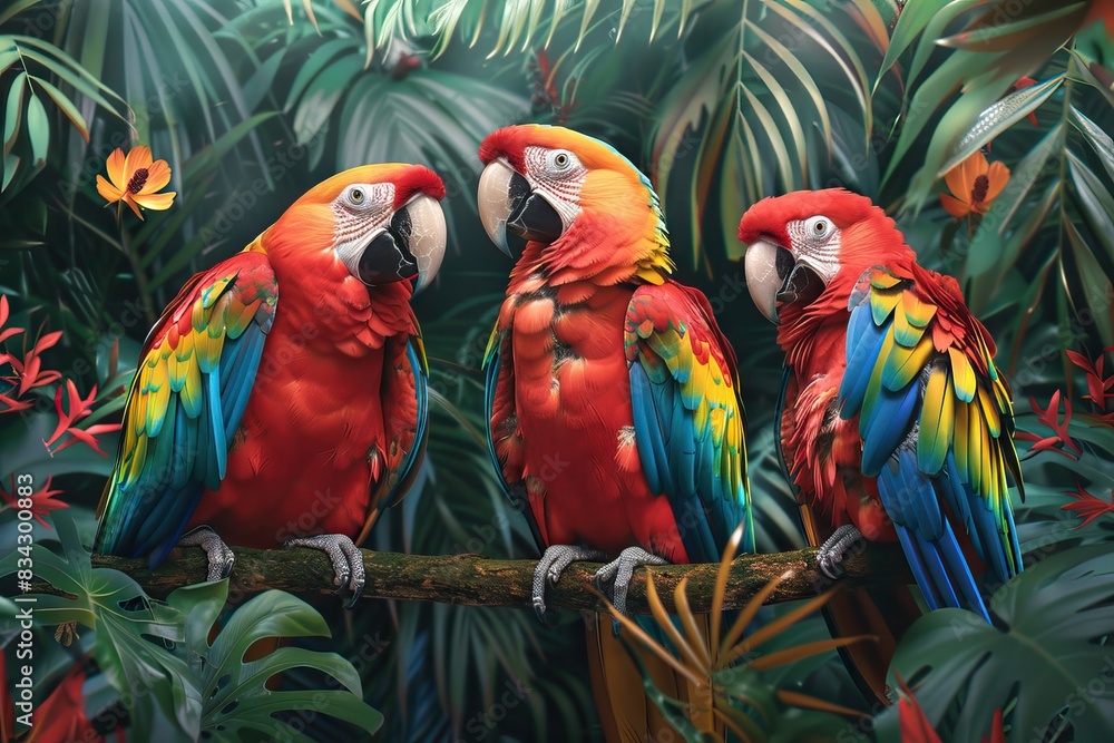 Tropical forest , birds and flowers , wallpaper , mural wall. AI generated illustration