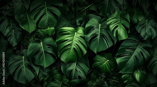 Background of group of dark green tropical leaves. Generative AI