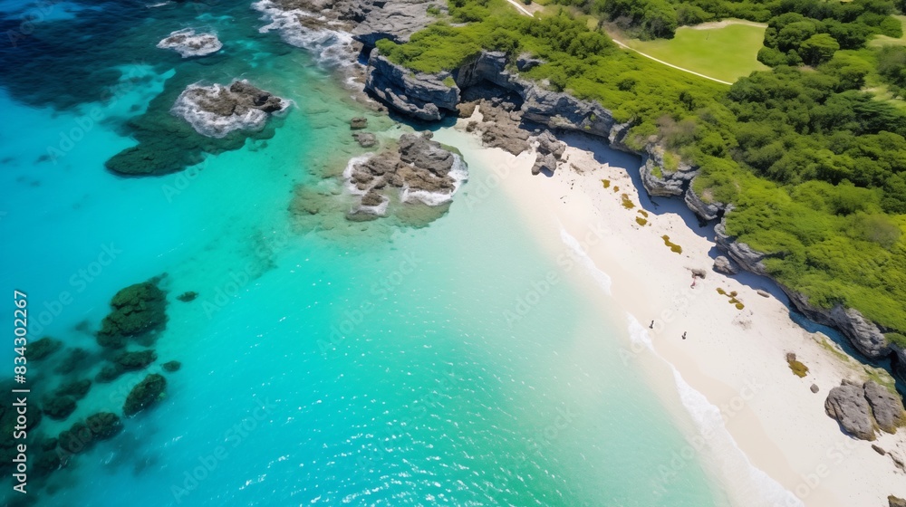 Aerial view of a stunning tropical beach with turquoise waters and rocky cliffs