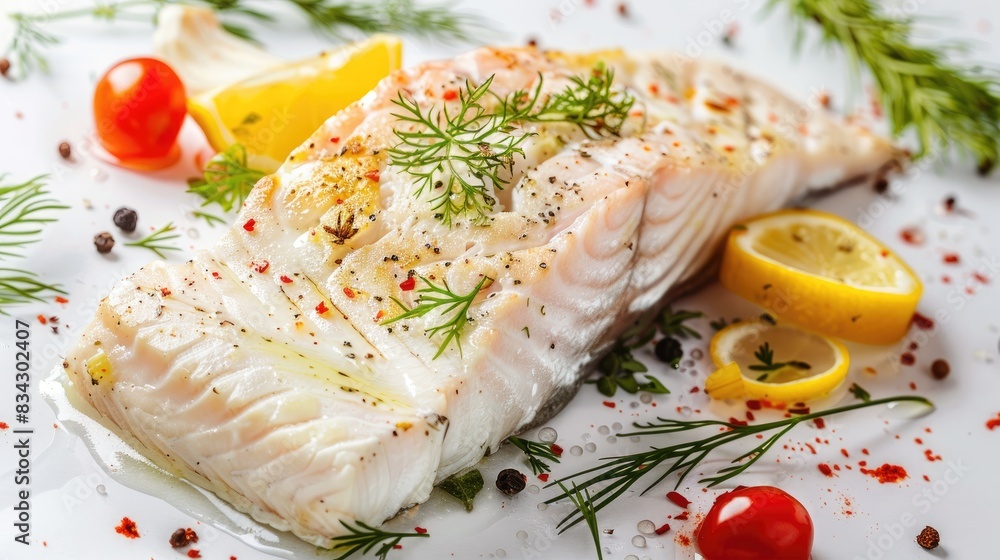 Salmon and halibut roasted in jelly with vegetables on a white backdrop Salmon and halibut roasted in jelly with vegetables on a white backdrop