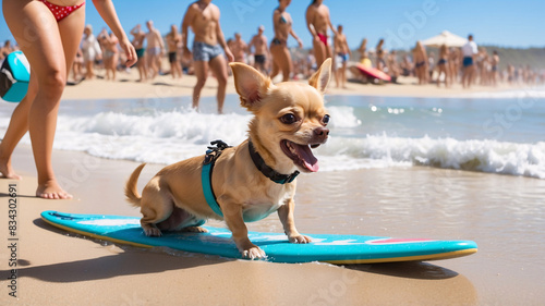Cute Chihuahua dog as a surfer on the surfing desk at the sunny sandy beach of the seaside or ocean shore
