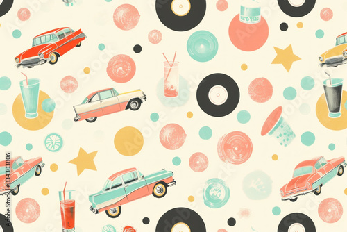 A vibrant retro-themed pattern featuring vintage cars  vinyl records  and classic beverages  evoking the nostalgic charm and colorful culture of the 1950s American diner experience.