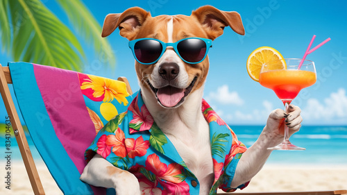 Party Dog with exotic colorful drinks at the sunny sandy beach, tropical island view © OctaynePix Media