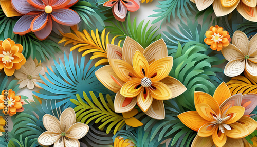 Seamless pattern with tropical beautiful flowers and leaves exotic background.