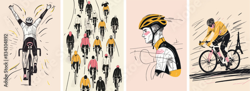Collection of minimal road bike racing poster cover designs. Abstract cycling sports background