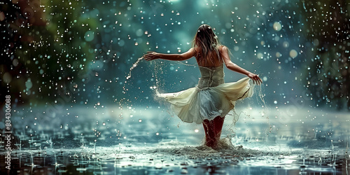 A joyful woman dancing in the rain 
