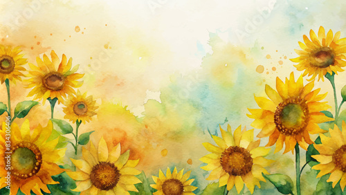 Watercolor background with cheerful sunflowers