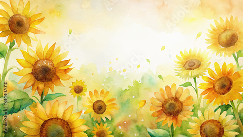 Watercolor background with cheerful sunflowers