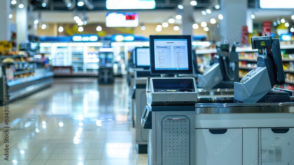 Fototapeta premium Self-Checkout Station: A self-checkout station in a supermarket with an empty screen or area for adding text or graphics