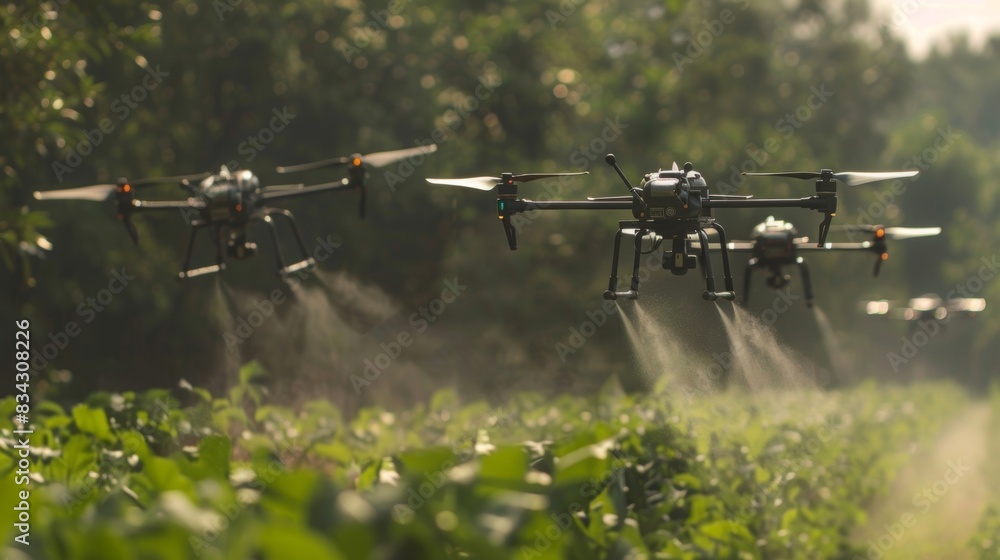 A team of precision aerial spraying drones work in unison to cover a large field each one assigned a specific area to spray and leaving behind a trail of perfectly treated crops. A team of precision aerial spraying drones work in unison to cover a large field each one assigned a specific area to spray and leaving behind a trail of perfectly treated crops.