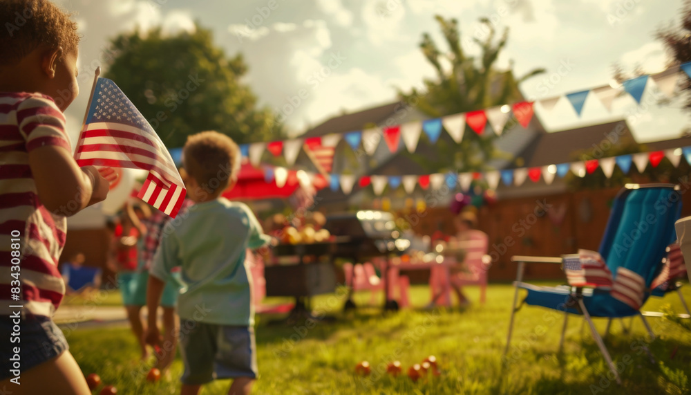 A group of children are playing outside on a sunny day, with one holding a red