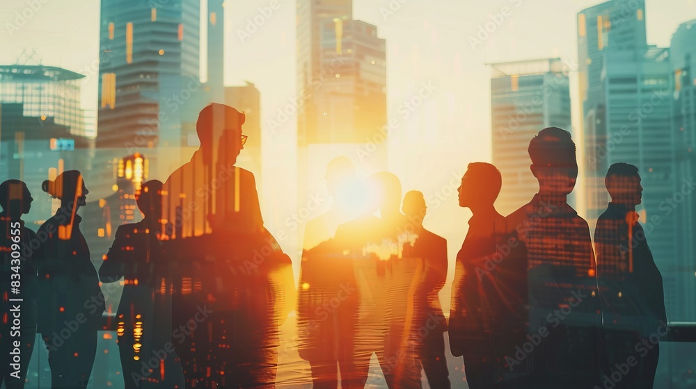 Double exposure image of many business people conference group meeting on city office building in background showing partnership success of business deal. Concept of teamwork Double exposure image of many business people conference group meeting on city office building in background showing partnership success of business deal. Concept of teamwork
