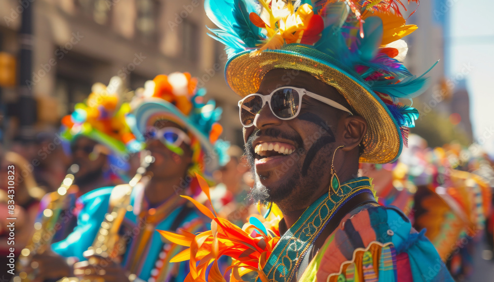 A man in a colorful hat and sunglasses is smiling and posing for a picture A man in a colorful hat and sunglasses is smiling and posing for a picture