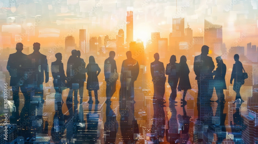 Double exposure image of many business people conference group meeting on city office building in background showing partnership success of business deal. Concept of teamwork Double exposure image of many business people conference group meeting on city office building in background showing partnership success of business deal. Concept of teamwork