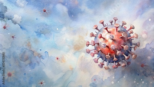 Coronavirus spread in the air with white room bokeh background in watercolor style , pandemic, virus, airborne, illness, contamination, health, disease, global, epidemic, COVID-19 photo