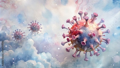 Coronavirus spread in the air with white room bokeh background in watercolor style , pandemic, virus, airborne, illness, contamination, health, disease, global, epidemic, COVID-19 photo