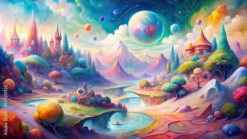 Surreal, colorful, and dynamic watercolor painting of a happy fantasy landscape , surreal, colorful, dynamic, composition, fun, entertaining, elements, happy, fantasy, landscape, abstract photo