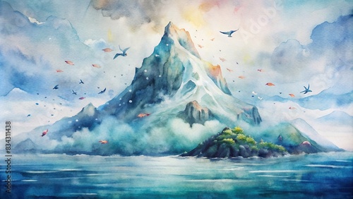 Mountain rising from the sea with fish flying like birds in a fantastic watercolor , fantasy, underwater, ocean, nature, surreal, dreamlike, magical, whimsical, sea creatures photo
