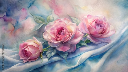 Pink roses on soft silk with watercolor background  pink  roses  silk  watercolor  soft  delicate  romantic  floral  texture  elegant  beauty  petal  nature  bloom  botanical  artistic