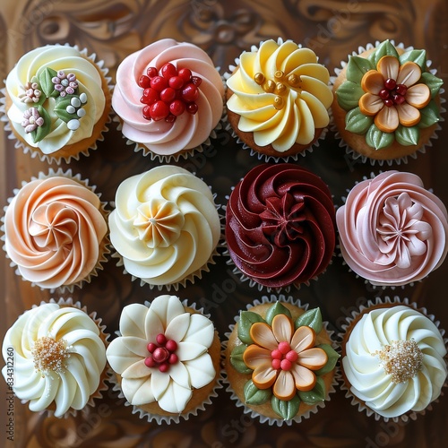 a dozen decorated cupcakes