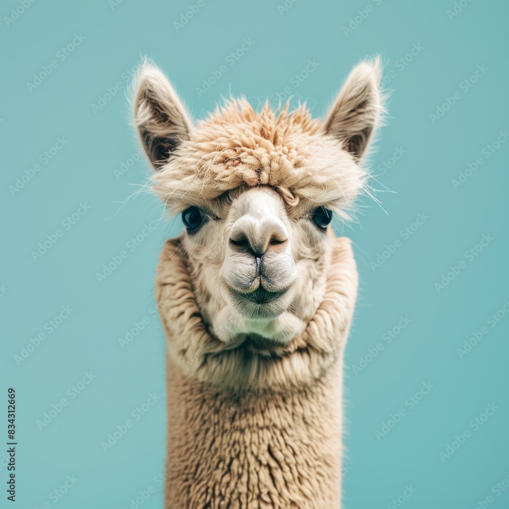 Obraz premium Curious Alpaca Portrait in Front of Pale Blue Background, Animal Gazing at Camera with Gentle Expression