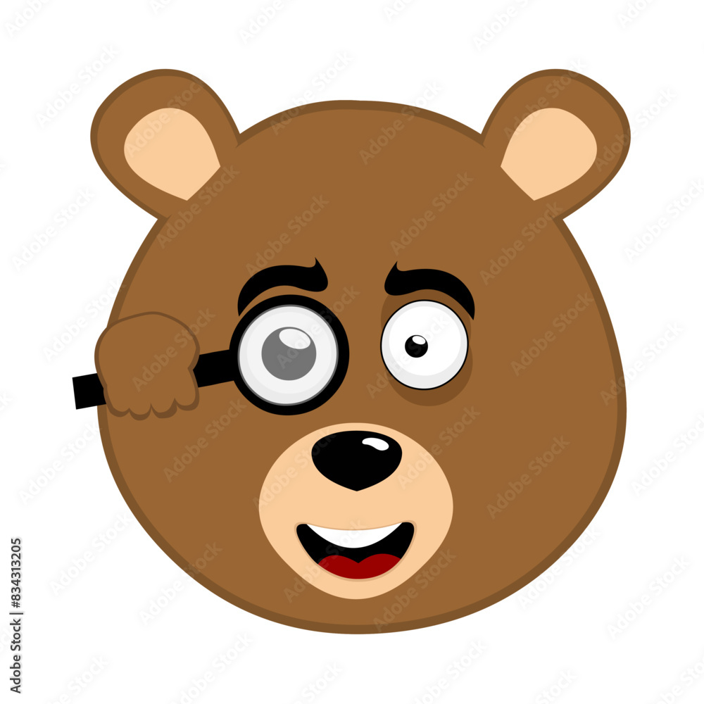 vector illustration face brown bear grizzly cartoon, watching with a magnifying glass vector illustration face brown bear grizzly cartoon, watching with a magnifying glass